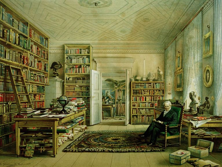 Alexander von Humboldt na sua biblioteca em Berlim 