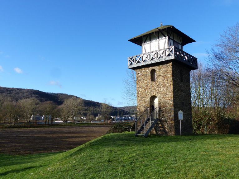 Ancient border of the Roman Empire: a reconstructed Limes watchtower on the Rhine
