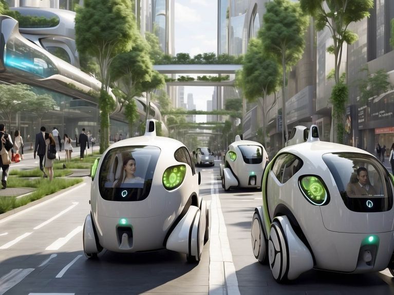 هذا ما تبدو عليه سياراتُ الأجرة الآلية في مدينة المستقبل من منظور الذكاء الاصطناعيّ بناءً على رؤى ديتليف كورث. 