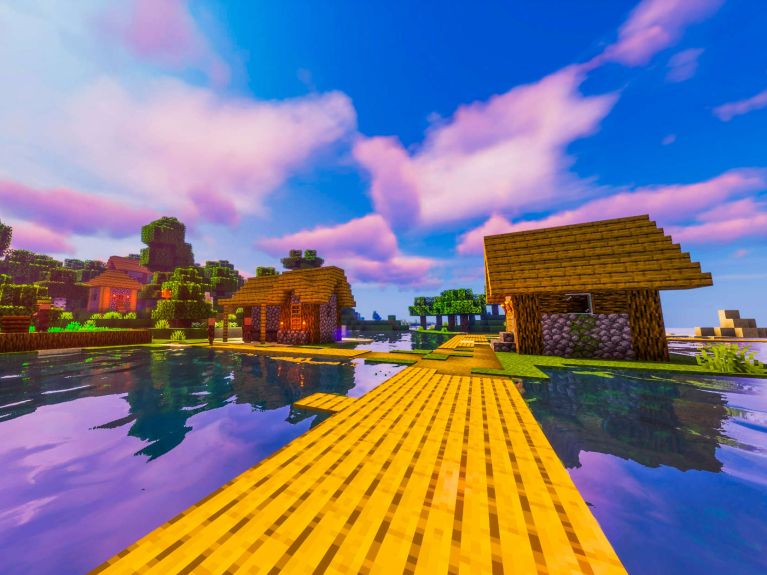 Uma casa à beira do lago no mundo pixelado do Minecraft 
