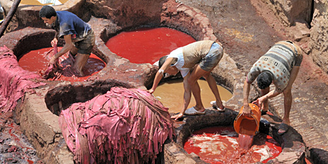 Men dyeing leather in troughs in chouwara, Morocco