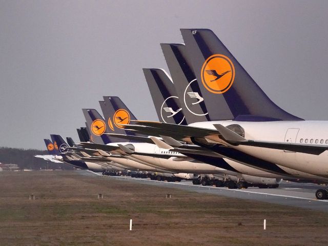 Der Luftverkehr leidet extrem unter Corona: Geparkte Flugzeuge der Lufthansa in Frankfurt.