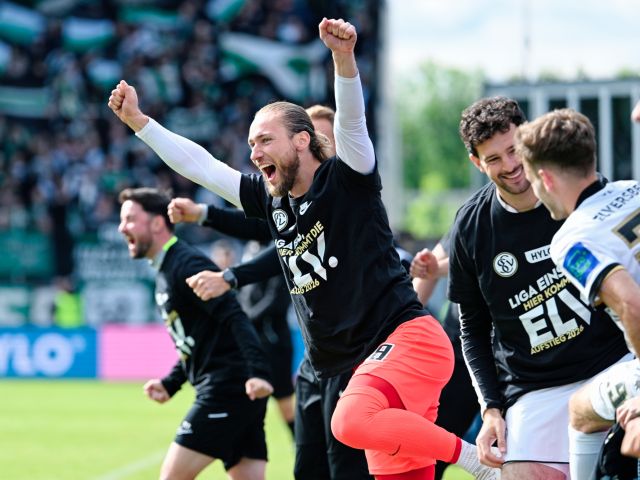 Elversbergs Spieler freuen sich im Moment des Abpfiffs über den Aufstieg.