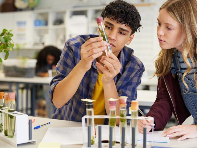 Zwei Studierende untersuchen ein Reagenzglas. 
