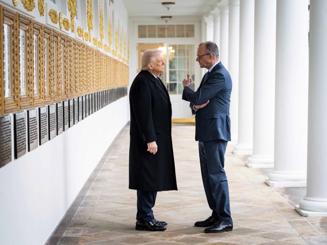 Trump und Merz stehen in einem Gang bei einem Treffen in Washington 