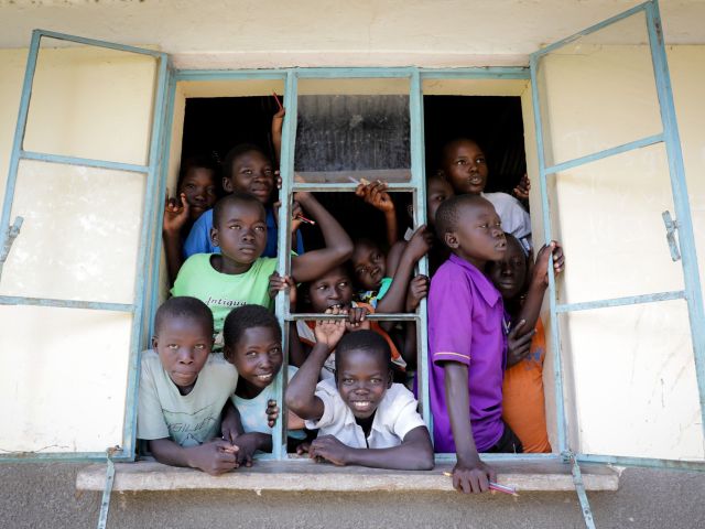 Refugee children from South Sudan in a refugee settlement in Uganda.