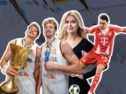 Collage aus Fotos von Franz und Moritz Wagner, Pamela Reif und Jamal Musiala 