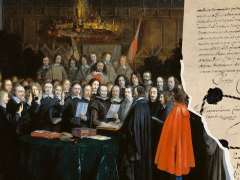 Der Westfälische Frieden von 1648 beendete den Dreißigjährigen Krieg. Das Gemälde von Gerard ter Borch zeigt die Ratifikation des Friedens von Münster zwischen Spanien und den Vereinigten Niederlanden am 15. Mai 1648. Rechts: der Friedensvertrag von Osnabrück vom 24. Oktober 1648.
