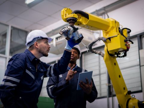Zwei Männer arbeiten in einer Autofertigungsfabrik. 