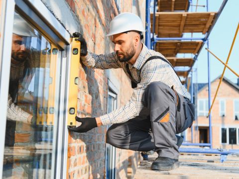 Bauarbeiter überprüft Fensterinstallation