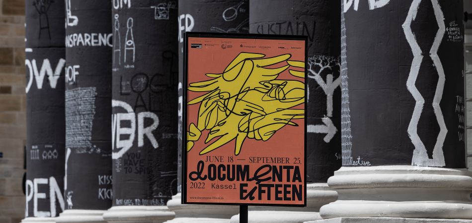 Poster in front of the pillars of the Fridericianum Poster in front of the pillars of the Fridericianum
