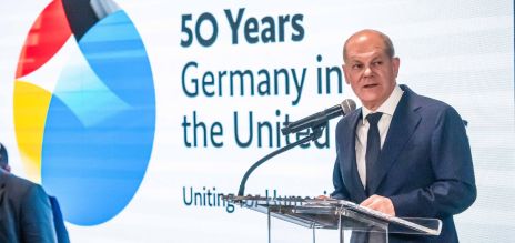 German Chancellor Scholz speaks at a reception to mark the 50th anniversary of Germany’s UN membership