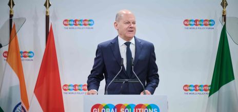    German Chancellor Scholz speaking at the Global Solutions Summit in Berlin. 
