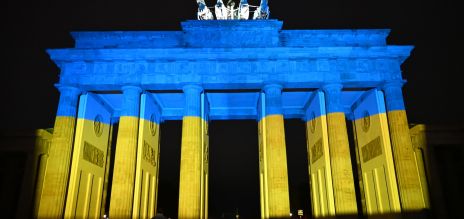 The Brandenburg Gate illuminated in the colours of the Ukrainian flag on the fourth anniversary of the start of Russia’s full-scale invasion of Ukraine