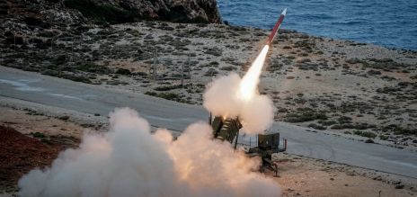 A Bundeswehr Patriot air defence missile is fired from a launcher during the Spartan Arrow 2026 military exercise on Crete.