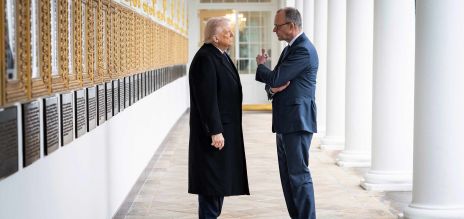 Trump and Merz standing in a corridor at a meeting in Washington 