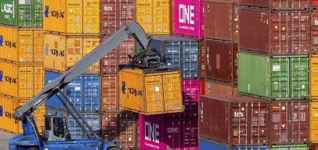 Dans le port, un chariot élévateur bleu soulève un conteneur jaune devant de hautes piles de conteneurs maritimes de toutes les couleurs.