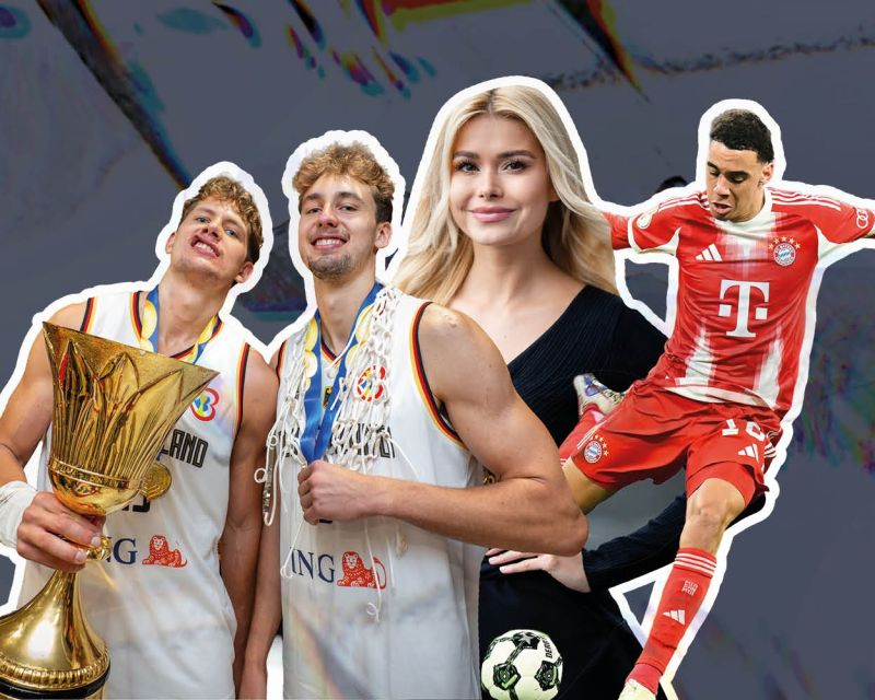 Collage aus Fotos von Franz und Moritz Wagner, Pamela Reif und Jamal Musiala 