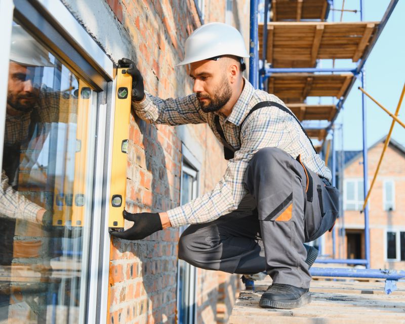Bauarbeiter überprüft Fensterinstallation