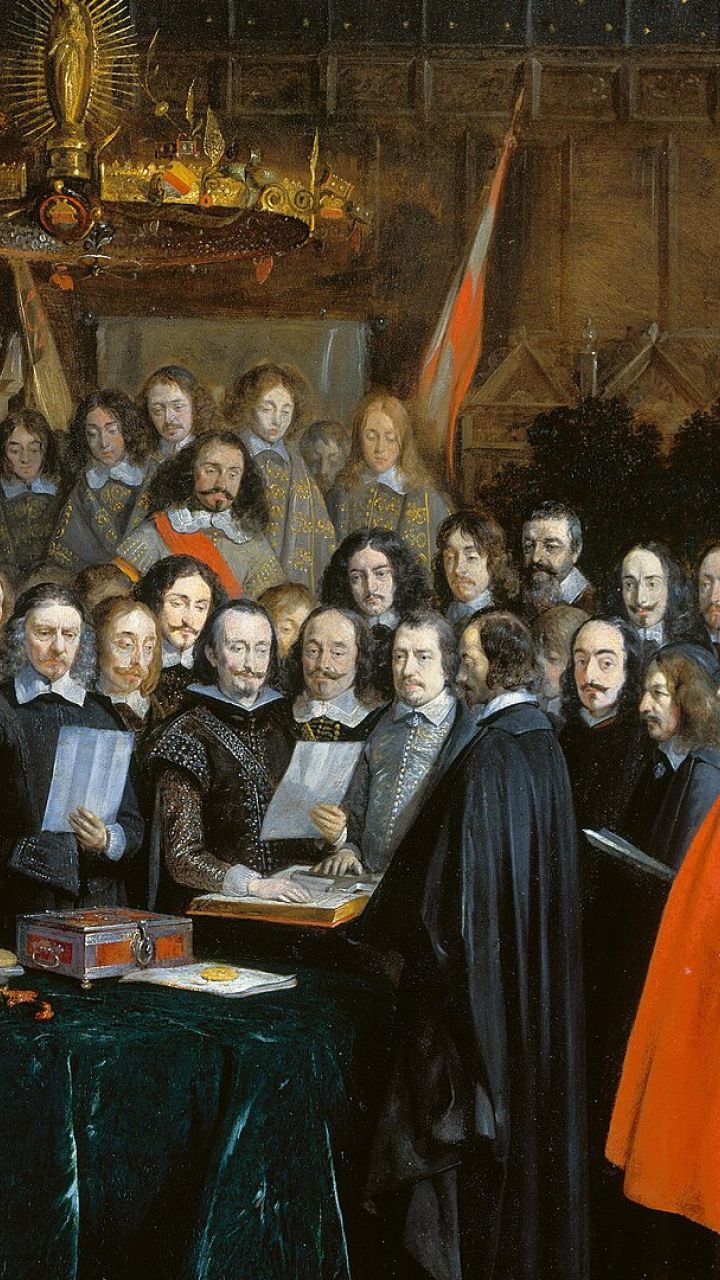 Der Westfälische Frieden von 1648 beendete den Dreißigjährigen Krieg. Das Gemälde von Gerard ter Borch zeigt die Ratifikation des Friedens von Münster zwischen Spanien und den Vereinigten Niederlanden am 15. Mai 1648. Rechts: der Friedensvertrag von Osnabrück vom 24. Oktober 1648.