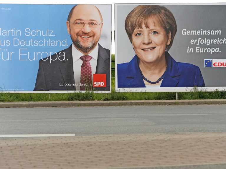Candidatos a chanceler: Martin Schulz e a atual ocupante do cargo Angela Merkel