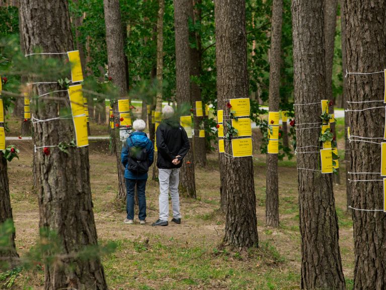 Des visiteurs dans la « Forêt des noms »