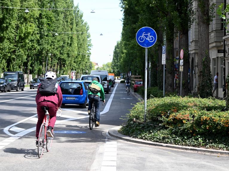 Two cyclists riding in a marked cycle lane beside a multi-lane road; a blue cycle-route sign stands at the roadside.    