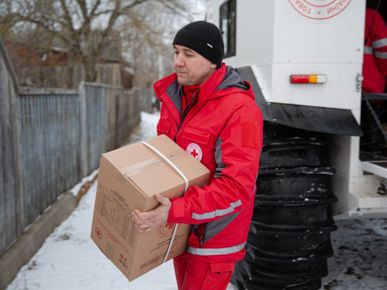 The Ukrainian Red Cross also takes packages to remote villages.  