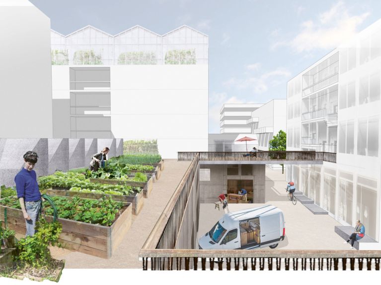 The new urban neighbourhood in Winnenden features vegetables on roofs and tradespeople in courtyards .