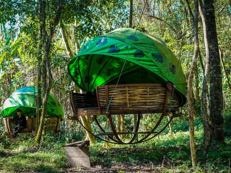 Visitors spend the night in nests such as these