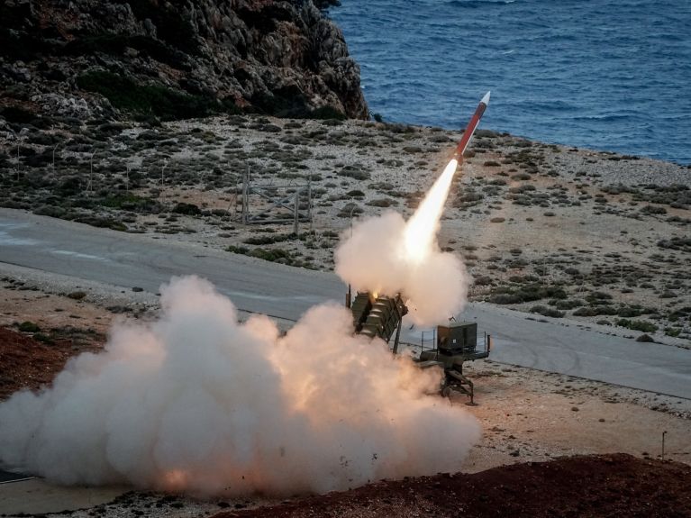A Bundeswehr Patriot air defence missile is fired from a launcher during the Spartan Arrow 2026 military exercise on Crete.