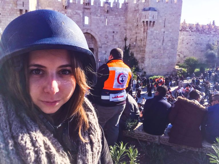 Reporter Sarah Fantl “catching stories” in Jerusalem.