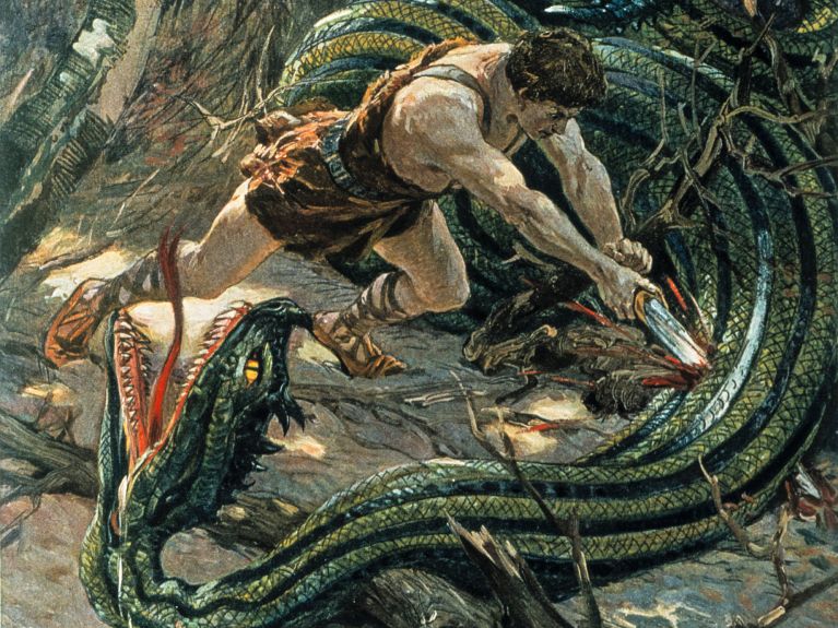 Song of the Nibelungs: Siegfried kills the dragon.
