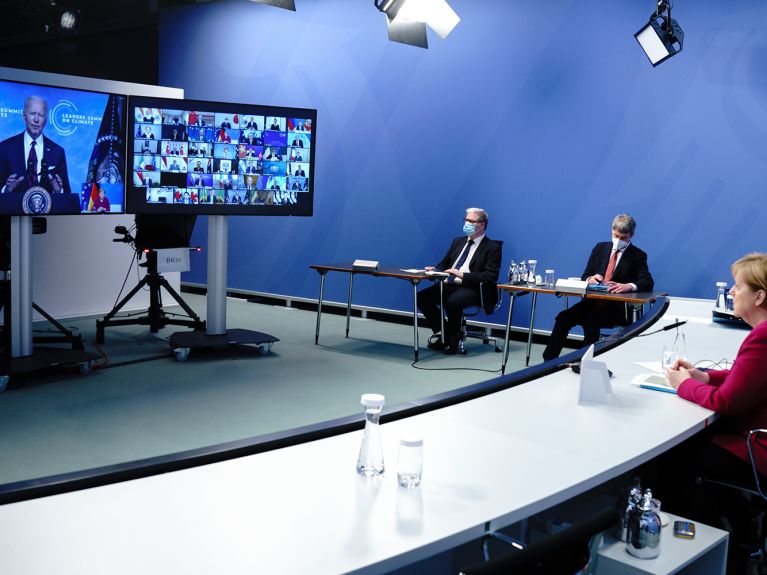 Joe Biden and Angela Merkel at the Leaders Summit on Climate