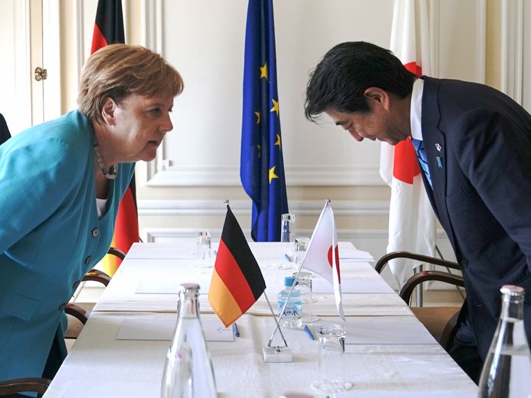 German Chancellor Merkel with Prime Minister Abe in 2019. German Chancellor Merkel with Prime Minister Abe in 2019.