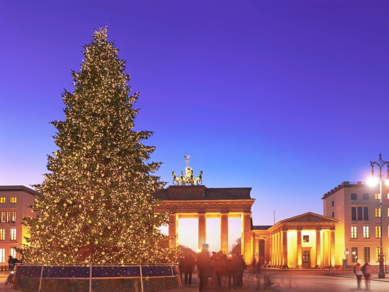 Panoramic image of Christmas tree at Brandenburger Gate in Berlin