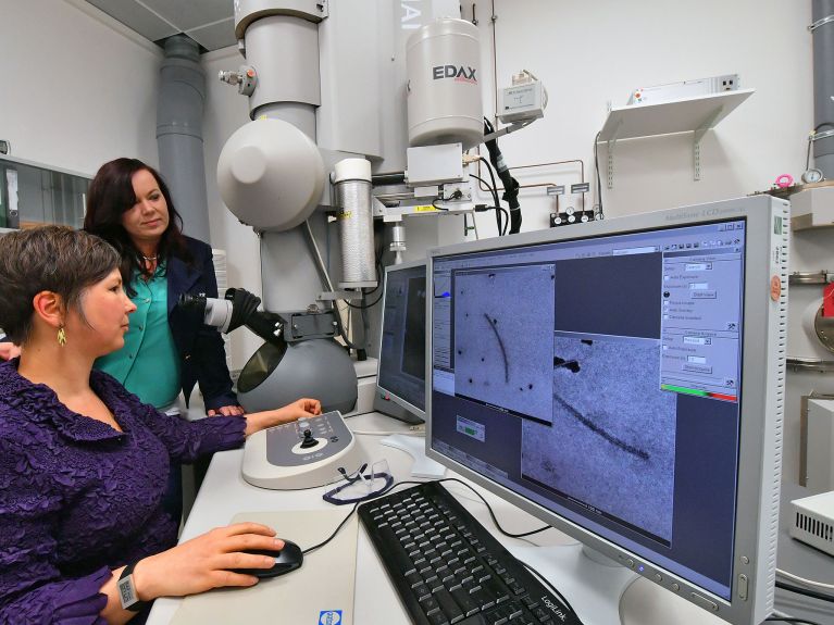 Halle’deki Fraunhofer Enstitüsü’nün araştırmacıları el bir mikroskopla toksik protein yapılarını inceliyor.