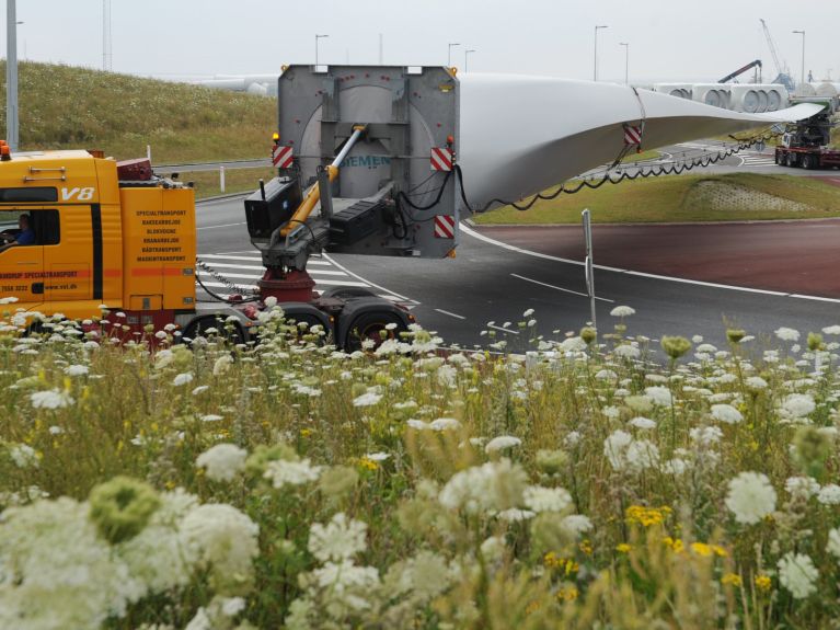 Nicht ganz einfach: Transport eines 75 Meter langen Rotorblattes bei Esbjerg