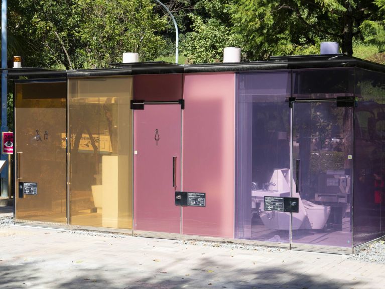 Three transparent toilets in Tokyo’s Shibuya neighbourhood are part of the “Tokyo Toilet project”. The walls become opaque when the door is locked. Three transparent toilets in Tokyo’s Shibuya neighbourhood are part of the “Tokyo Toilet project”. The walls become opaque when the door is locked.