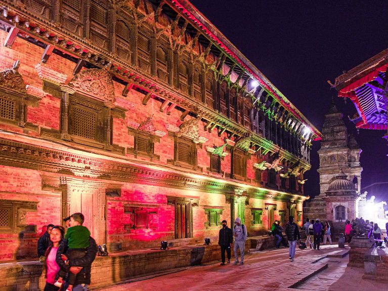 Colourful lighting at Durbar Square in Bhaktapur. 