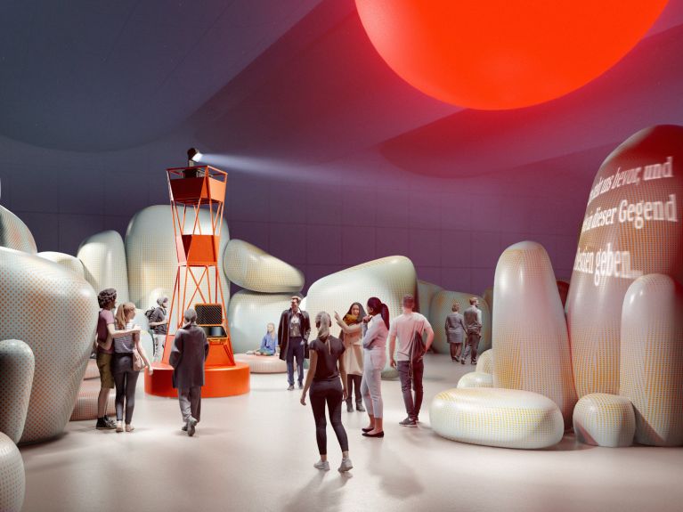 Eine Visualisierung des tschechischen Pavillons mit einem Leuchtturm und runden Elementen.
