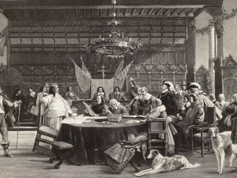 Der Friedensschluss zu Münster am 24. Oktober 1648 beendete den Dreißigjährigen Krieg (Holzstich um 1900). 