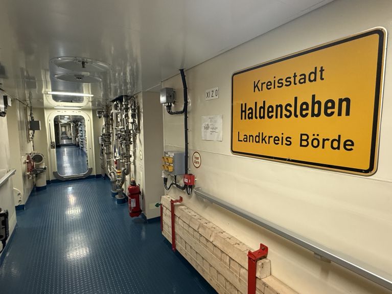 View of a windowless ship corridor