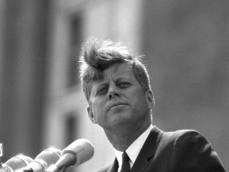 Kennedy giving his historic speech in front of Schöneberg City Hall.