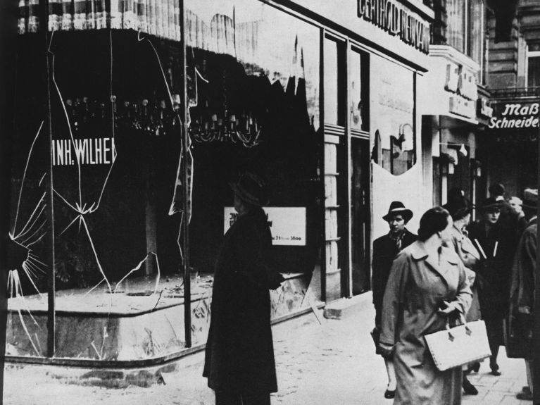 Kristallnacht in Berlin: the windows of Jewish shops and businesses were smashed and Jews were attacked.