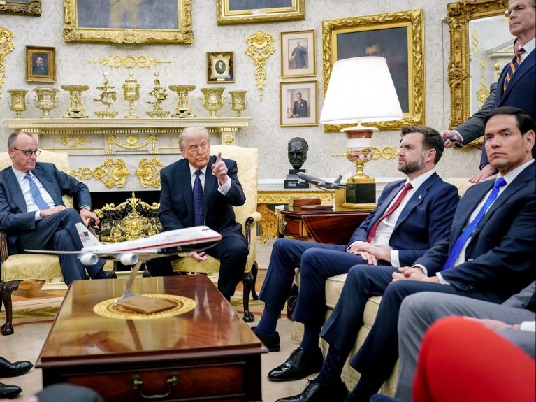 Merz and Trump are sitting at a table together with other politicians