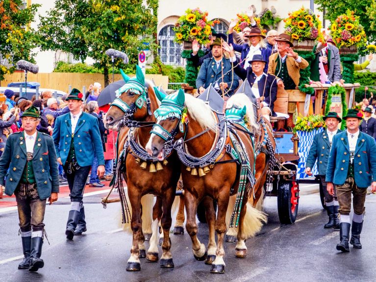 Pferdewagen bringen traditionell das Bier zum Oktoberfest. 