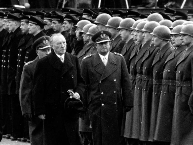 Federal Chancellor Konrad Adenauer inspects the formation in Andernach during a visit to the newly established Bundeswehr in 1956. 