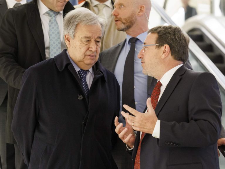 Le secrétaire général de l’ONU Guterres en discussion avec le directeur du PNUD Steiner 