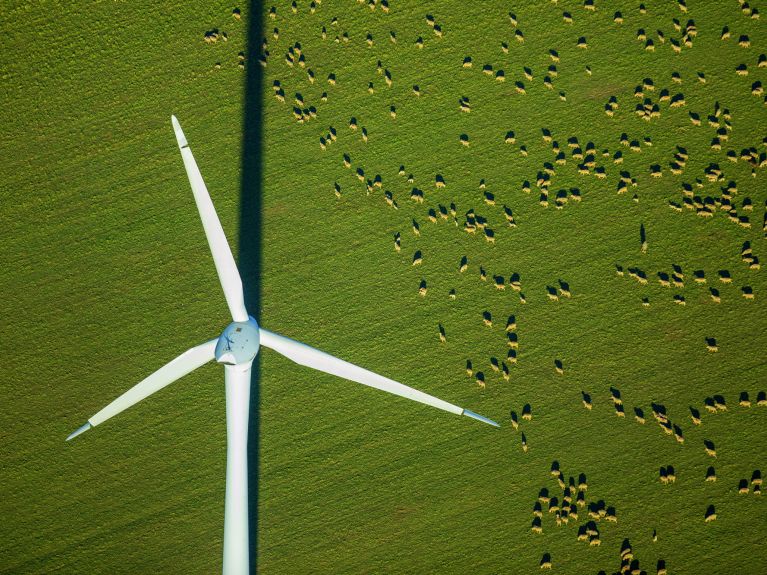 Nachhaltige Energie: Windrad auf einer Schafweide in Deutschland.